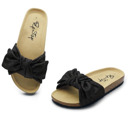Image of PepStep Slide Sandals for Women or Ladies Dressy Summer Casual, Cute Bow Tie Knot On Top Strap, Comfy Slip On Cork Foot Bed