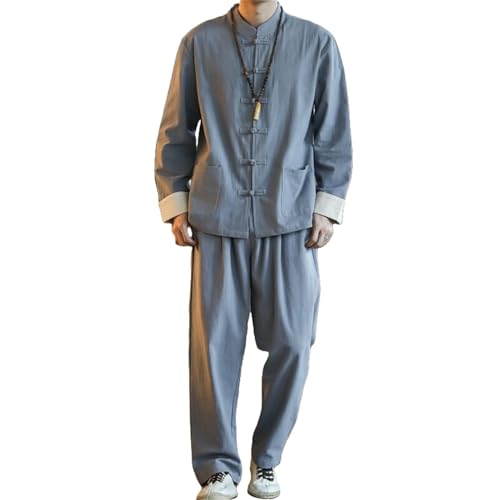 Costume automne chinois homme coton lin gris foncé S ensemble Tang décontracté