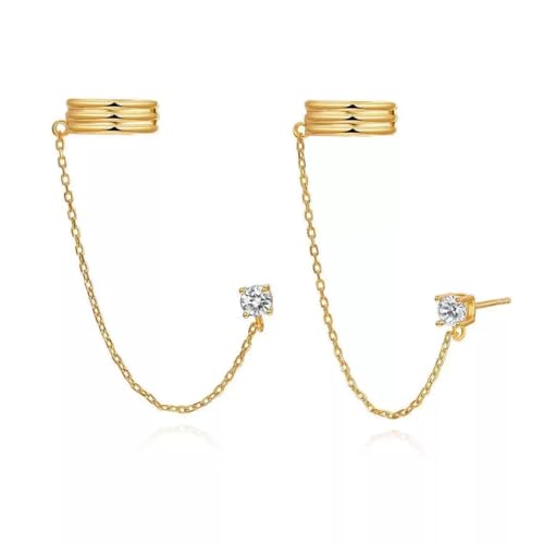 Ear Cuff 14k Dainty Gold/Silver Double Chain Earrings Tassel Drop Dangle Small Hoop Clip Earrings, Chain Climber Crawler Earrings for Women Cartilage Double Cuff Gifts Bff Birthday