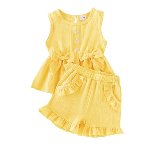 Image of Toddler Girl Clothes Sleeveless Top Shorts 2Pc Summer Outfit 12M-5T | 100% Cotton, Soft breathable, Double crepe fabric, Adorable bow ruffle pocket design, Perfect for daily wear, birthday, party