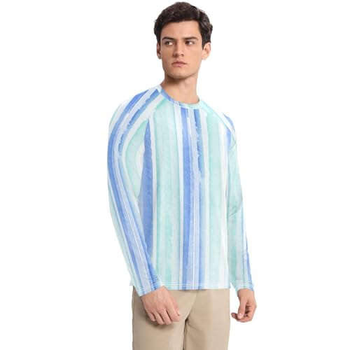 Blue Green Stripes Men's Swim Shirts UPF 50+ Lightweight Long Sleeve Sun Protection Long Sleeve Hiking3