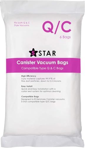 5-Star Type Q/C HEPA Replacement Vacuum Bags Compatible with Kenmore and Sears Canister Vacuum Fits Kenmore 50557 5055 50558 53291 Replace Part 53292. 6 Pack, White image 5