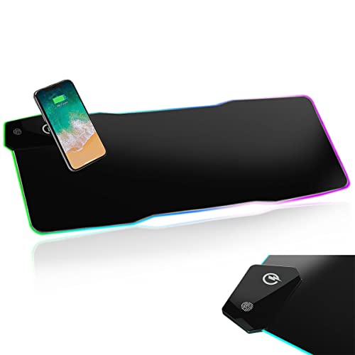 RGB Tapis de Souris Gaming, XXL 800x300x4mm Tapis de Souris de Jeu Multifonctionnel avec Chargeur sans Fil, LED Mousepad avec 10 Mode d'éclairage pour Ordinateur, PC, Gamer Cover