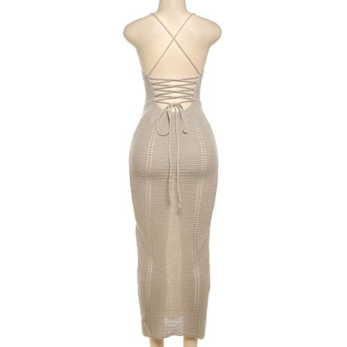 Image of BOLLEY JOSS Women Crochet Knit Bodycon Maxi Dress Sexy V Neck Backless Hollow Out Lace Up Corset Dress Sundress Beach Dresses