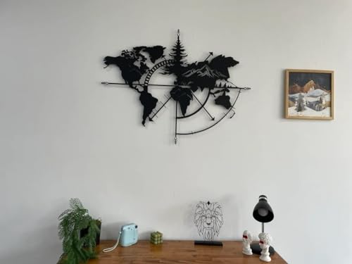 Image of World Map Wall Art World Map Mountains 3D for Home Decor | Wall Sculpture Home Decoration | Metal Art | Metal Wall Art | Home Wall Hangings Metal Decor (Black (58 x 50 cm)