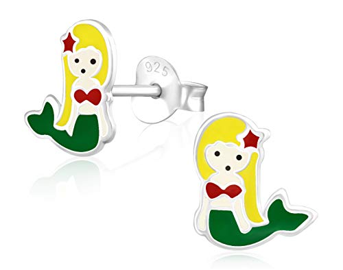 Laimons Kids Pendientes para niña Sirenita Amarillo, Verde, Rosa Plata de ley 925