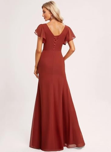 Image of Womens Elegant Bridesmaid Dresses Long with Ruffles Empire Waist Pleated V Neck Dusty Sage Formal Dress for Wedding with Slit US Size 8