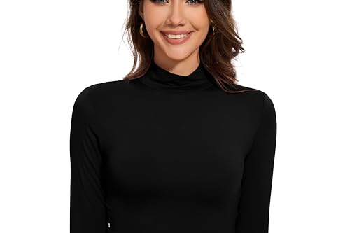 MadHeart Camisetas femininas de manga comprida cropped slim fit gola redonda camada base, Preto, Lar