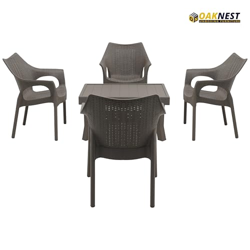 Image of Oaknest Supreme Cambridge with Vegas Plastic Outdoor Chair and Table Set | 4 Rattan Chairs + 1 Table | Weatherproof, Lightweight | Garden & Patio Use Champagne