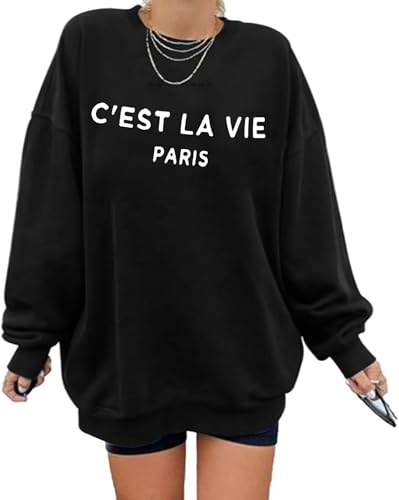 Zoyami Womens Oversized Sweatshirt C'est La Vie Graphic Long Sleeve Top Pullover Crewneck Sweaters Cest Black Large