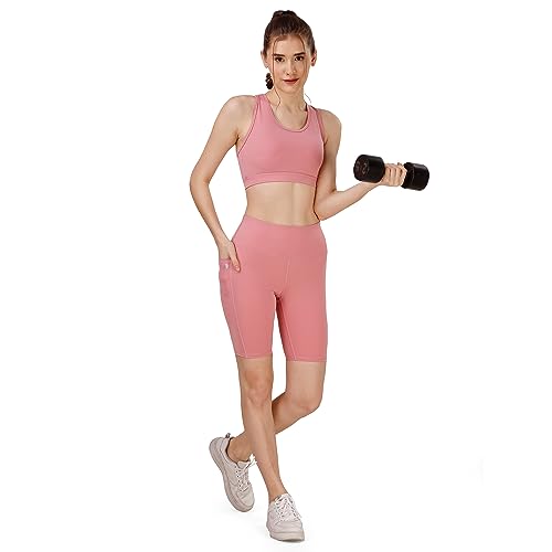 Image of SOIE Women Polyester Blend Sports Shorts High Waist Knee Length with Side Pocket Quick Dry Squat Proof Athleisure Shorts for Workout