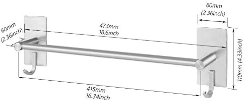 JS Towel Rail Holder Self Adhesive Hand Towel Holder Stainless Steel Over Door Small Tea Towel Rails with 2 Hooks Bathroom Kitchen Shower Storage Organiser Accessories 43.5CM/17inch, No Drilling