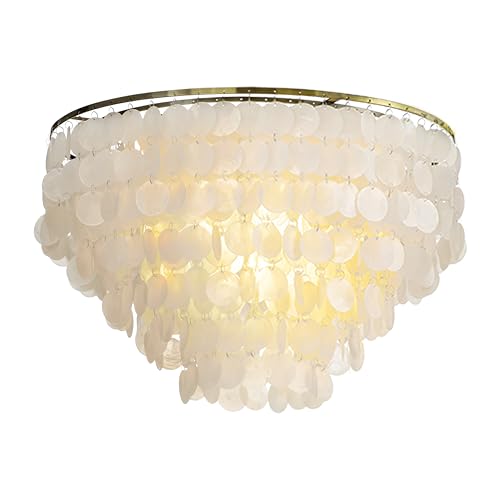 ALOADECOR Coastal Natural Capiz Shell Tiered Flush Mount Ceiling Light with Antique Gold Metal Unique Tiered Seashell Close to Ceiling Lamp for Dining Room Living Room (W 24") - Image 2
