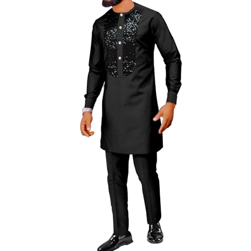 SEA&ALP African Men's Fashion Sequin Clothing Classical Long Sleeve Shirt and Pant Two Pieces Suit Dashiki Formal Outfits