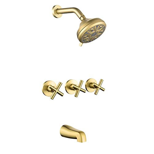 Image of 3 Handles Shower Faucet Set with Tub Spout Bathtub Shower Faucet Combo Set Shower System Complete Tub and Shower Trim Kit Brushed Gold
