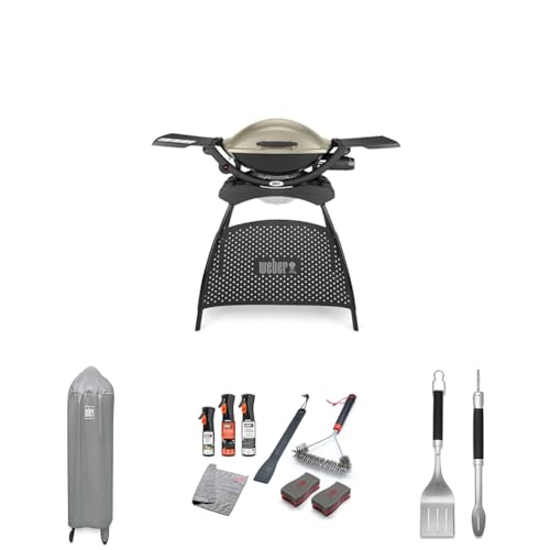 Bundle - Weber Q2000 Gas Grill Barbeque with Stand & Foldable Side Tables BBQ Grill & Char Griller Cast Aluminium Lid Cover & Body Portable Premium Classic Free-Standing Gas BBQ - Titanium (53060374)