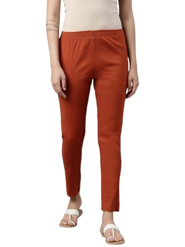 Image of MINELLI Women Solid Cigar Pants, Cotton Lycra Slub Fabric, Elasticated Waistband, Pull On Style, Regular Fit Bottom Wear for Western and Ethnic Wear