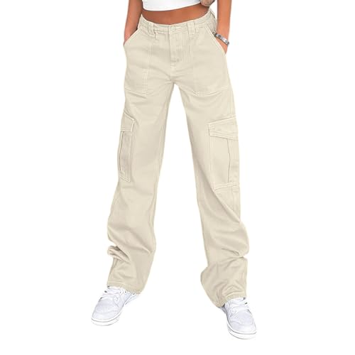 Women High Waisted Cargo Pants Wide Leg Casual Pants 6 Pockets Combat Military Trousers Apricot