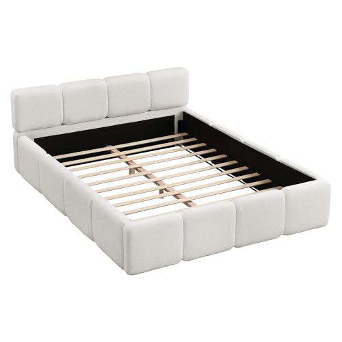 Image of Harper & Bright Designs Queen Size Boucle Platform Bed with Headboard and Footboard, Wood Floor Bed Frame with Sturdy Slats Support for Kids Tenns Adults, Space Saving, White