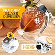 Homava Honey Dispenser No Drip Glass with Stainless Steel Top - Syrup Dispenser Glass - Beautiful Honey Pot - Honey Jar with Stand