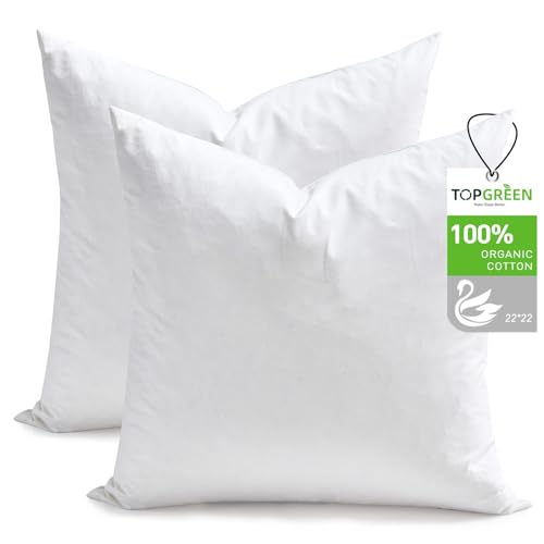 Image of TOPGREEN Ogranic Feathers Down Pillow Inserts 22x22, Pack of 2, White | 100% Organic and Double-Layer Down-Proof Cotton Cover, Ethical-Sourced Feather Down Filling, Soft Yet Supportive