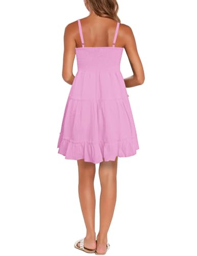 Image of FANCYINN Women Floral Casual Tiered Mini Dresses Spaghetti Strap V Neck Backless A Line Swing Short Dress with Pockets
