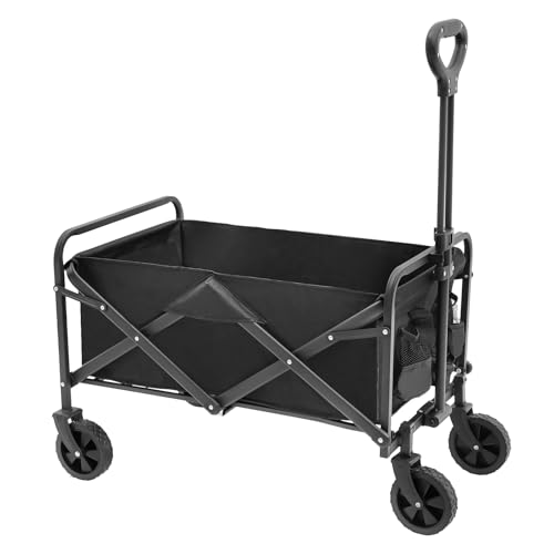 Bollerwagen Faltbar, Große Handwagen 80 * 46 * 92cm Schwarz Transportwagen Outdoor Klappbarer Strandbollerwagen Faltbollerwagen mit Becherhalter Höhenverstellbar Gartenwagen
