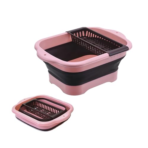 Image of Hexurga 2.91 Gallon Collapsible Dish Basin with Drain Plug, Space Saving Outdoor Multiuse Foldable Sink Tub, Dishpan, 11L Portable Wash Basin for Vegetable Washing, Station Camping, RV (Pink)