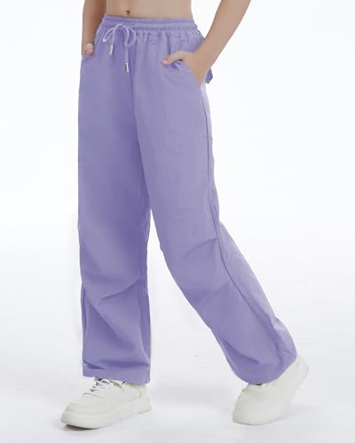 Image of Girls Parachute Cargo Pants Drawstring Waterproof Causal Hiking Pants for Girls Pockets Lightweight Running Joggers
