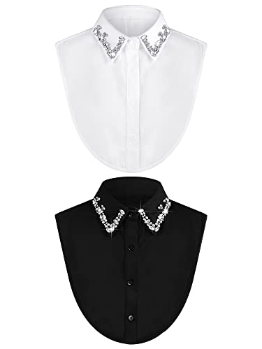 Bencailor 2 Pcs Rhinestone Fake Collar Dickey for Women False Half Shirt Blouse Detachable Collar(White,Black,Medium,Classic)