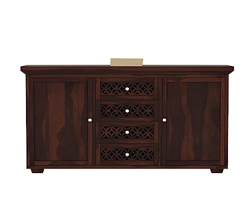 Image of Solid Sheesham Wood Wooden Sideboard Storage Cabinet : Ideal for Living Room and Bedroom with 4 Drawers and 4-Shelf Storage (Cambrey, Walnut Finish)