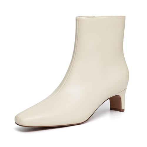 Athlefit Women's Ankle Boots Comfortable Low Heel Pointed Square Toe Dressy Beige Short Boots with Side Zipper Size 9