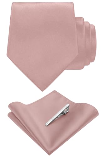 TASTION Mens Dusty Rose Tie for Men Classic Wedding Business Solid Necktie and Pocket Square with Tie Clip Sets
