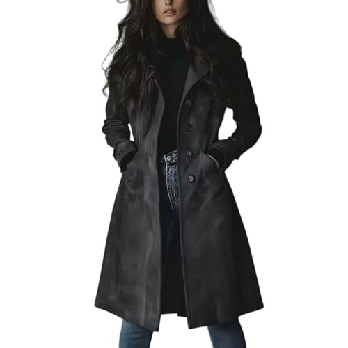Caratteristiche: trench leggero da donna in finta pelle scamosciata con colletto con risvolto e maniche lunghe con linguette regolabili. Include due tasche laterali, una cintura regolabile e uno spacco posteriore sull'orlo. Dettaglio con impunture a contrasto dello stesso colore. Chiusura frontale a doppio petto con bottoni