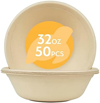 Earth's Natural Alternative 100% Compostable Paper Bowls [32oz 50 Pack] Soup Bowls, Pasta Bowls, Cereal, Salad, Ice Cream, Disposable Bamboo Large Bowls, Biodegradable, Unbleached