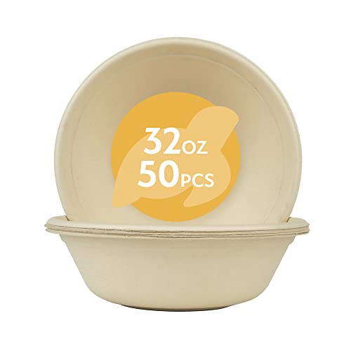 Earth's Natural Alternative 100% Compostable Paper Bowls [32Oz 50 Pack] Soup Bowls, Pasta Bowls, Cereal, Salad, Ice Cream, Disposable Bamboo Large Bowls, Biodegradable, Unbleached #TOP4