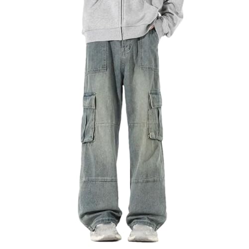 Men's Baggy Straight Cargo Jeans Vintage Denim Pants Fashion Multi Pocket Design Leisure Trousers