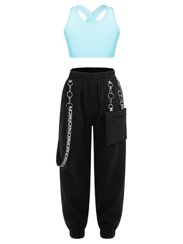 easyforever Girl Dance Clothing Set Cross Back Sleeveless Tank Top And Sweatpants Workout Jogger Tracksuit Hip Hop Dancewear Light Blue 14 Years
