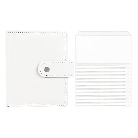 White PU Leather Budget Binder A7 Refillable 6-Ring Loose-Leaf Personal Planner Notebook Binder with 12pcs 6 Hole Binder Zipper Pockets Cash Budget Envelopes System Cover