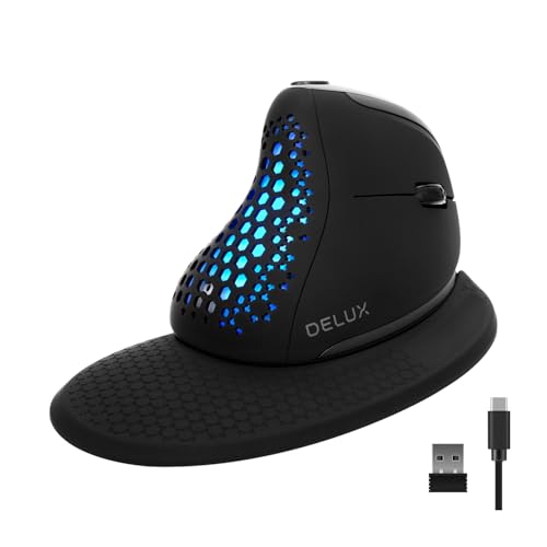 DELUX Seeker Ergonomic Mouse Wireless, Vertical Mouse with OLED Screen, 6 Buttons&Thumb Wheel Function, Silent Click, Up to 7200DPI, Programmable, Rechargeable, BT/2.4G/Wired, RGB Light(M618XSD-Black)