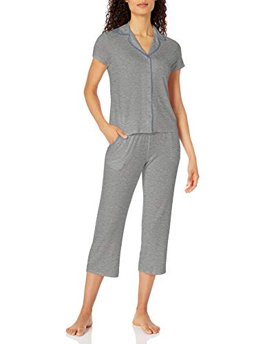 Amazon Brand - Mae Women's Notch Collar Pajama Set W/ Embroidery Detail, Heather Grey, Large