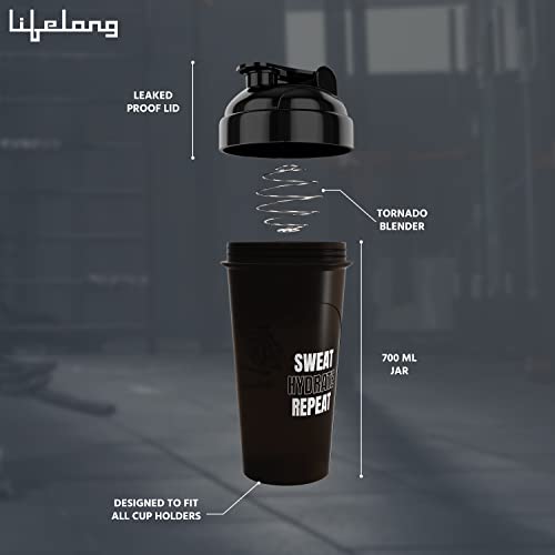生涯プロテインシェイカー|スタイリッシュなプロテインシェイカーボトル|シッパーボトル|プロテイン用ジムボトル- 700ml (LLSHB01、ブラック、6ヶ月保証)