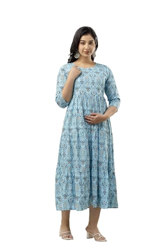 Image of Women's Rayon Anarkali Maternity Ankle Length Dress, Pregnancy Dress,Feeding Kurti,Easy Brest Feeding Dress, with Both Side 9 inch Zipper and Belt