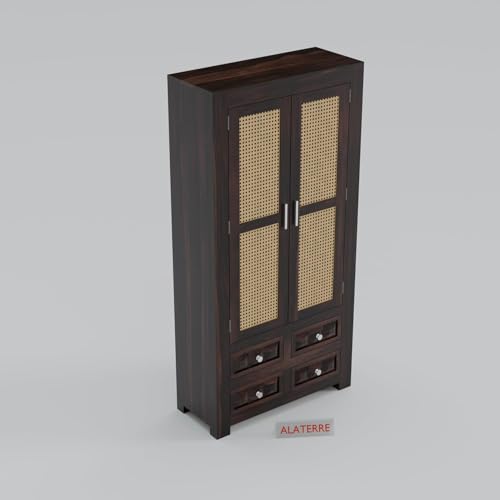 Image of Wooden Storage Cabinet with Cane Doors & Drawers | Tall Solid Wood Wardrobe Cabinet with 2 Doors & 4 Drawers (Walnut Finish)