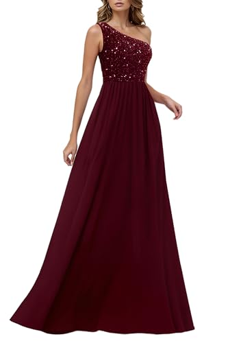 HOMEYEE Damen Elegant Pailletten Mesh Eine Schulter Glitzer Ballkleid Sexy Rückenfrei Abendkleider A-Linie Hochzeitskleid A503 (S, Burgund)