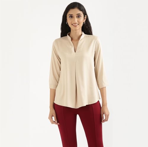 Image of SAADAA Top for Women, Viscose Pleated Tops, V-Neck with a Collar, 3 /4 Sleeve Length, Office & Casual Wear