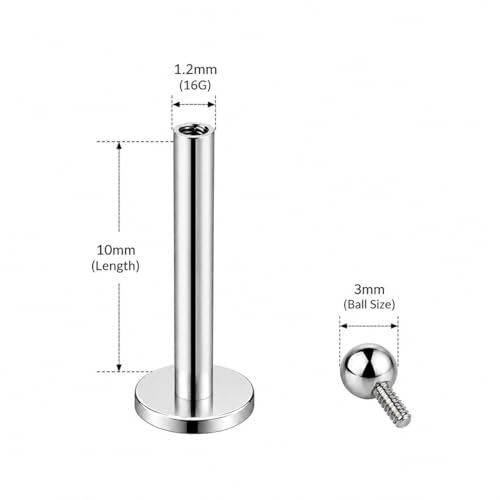 Image of Monster Piercing G23 Titanium Labret Stud, Internally Threaded, Plain Ball Top, Flat Back, 16G, 6mm /8mm /10mm - Sold as single piece