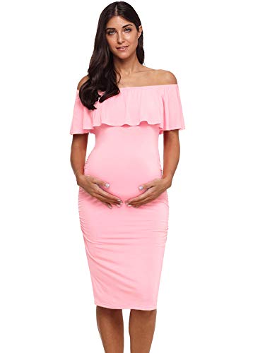 Jezero Women's Maternity Dress Off Shoulder Ruffle Sleeveless Bodycon Dress for Baby Shower