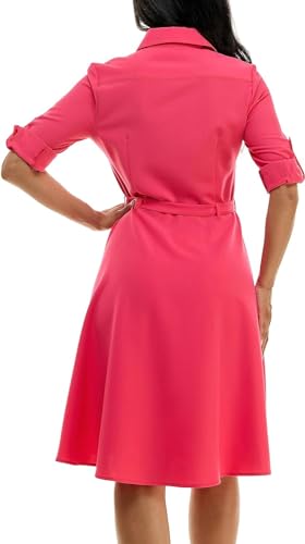 Image of Sharagano Women's Pleated Shirt Dress - 3 /4 Sleeve, V-Neck, Gold Buttons