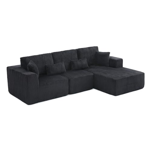 Image of L Shaped Modular Boneless Sectional Couches for Living Room, Wide Armrest, Deep Seat, Memory Foam, Assembly Free, Modern Comfy Corduroy Fluffy Cloud Sofa with Right Chaise, Black